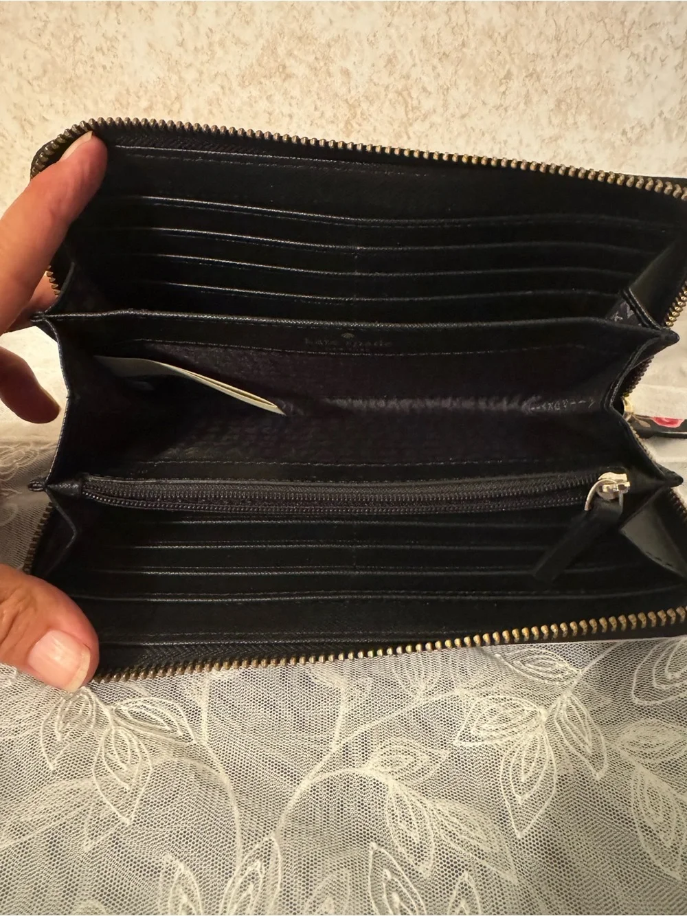 Kate Spade Black Wallet with Pink Rose Print